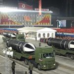 Rudal balistik kapal selam yang dipamerkan Korut dalam parade militer terbaru (KCNA via KNS/AFP)