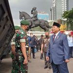 Menhan Prabowo Subianto usai memimpin Rapat Pimpinan (Rapim) Kementerian Tahun 2022 pada hari kedua di Kemenhan, Jakarta, Kamis (20/1/2022).