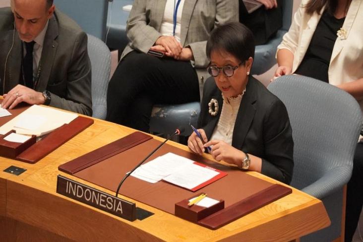 Menteri Luar Negeri Indonesia Retno LP Marsudi mencecar DK PBB soal tanggung jawabnya menjaga perdamaian berkaitan dengan perang Israel-Hamas di Gaza, Palestina. Foto/Kementerian Luar Negeri Indonesia